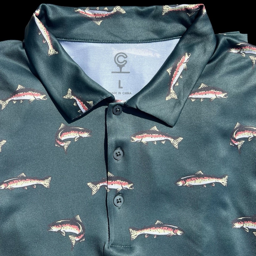 Caddy Cart Men's Golf Polo Fishing Bass Green Lightweight UPF 50 Large